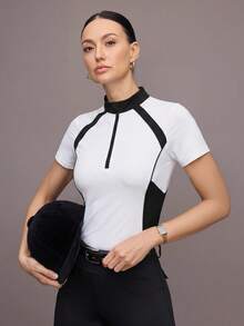 Easithlete Easithlete Contrast Color Patchwork Short Sleeve Fitted Equestrian Outfit - White - View 3