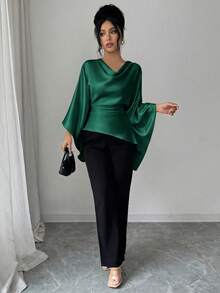 Rafferiza Camisa de mujer de unicolor, con cuello, casual y versátil para uso diario - Verde - Ver 4