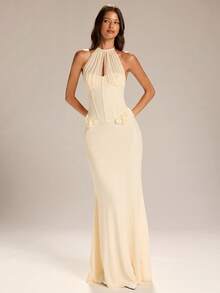 SHEIN BAE Đầm màu mơ cổ yếm, buộc dây, lưng hở, thắt eo, viền bèo nhún, lãng mạn cho các buổi hẹn hò, đám cưới, kỳ nghỉ biển, ngày Valentine. - Màu be - Xem 4