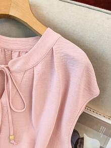 GlowEve CURVE Plus Size Women Elegant Solid Color Round Neck Contrast Color Single-Breasted Drawstring Tank Top Sleeveless Brunch Dusty Pink Summer - Baby Pink - View 7