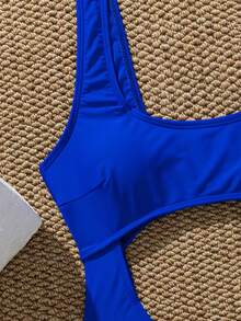 Swim SXY 女士纯色镂空连体泳衣，适合夏季海滩穿着 - 寶藍色 - 查看 4