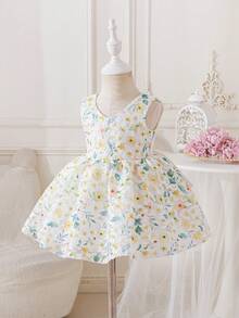 SHEIN Glamorique Kids 女婴碎花连衣裙，婴儿刺绣缎面蝴蝶结连衣裙，V领无袖露背公主裙，适合复活节派对 - 黃色 - 查看 5