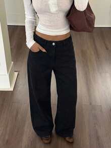 Siren Gaze Women's Solid Color Slant Pocket Casual Straight Leg Jeans Everyday Black Summer - Black - View 4