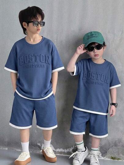 2pcs/Set Kids Boys Casual Faux Two Pieces Letter Print Short Sleeve T-Shirt And Shorts Set, Suitable For Commuting, School, Daily Casual Wear, Sports, Spring/Summer