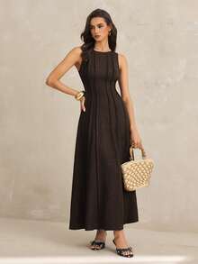 SHEIN Tall 夏季新款褶皱无袖A字连衣裙，优雅女士连衣裙，派对棕色休闲款 - 棕色 - 查看 4