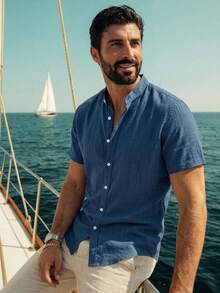 Manfinity VCAY Men's Solid Color Short Sleeve Single-Breasted Casual Shirt City Break Navy Blue Summer - Blue - View 6
