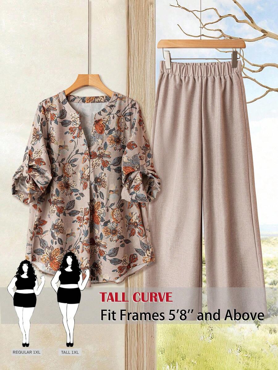 SHEIN Tall CURVE CURVE 新款大尺碼女款高個女孩休閒花卉印花缺口領上衣與寬腿褲兩件套,米色,夏季,波西米亞風,度假、假日穿搭 - 彩色 - 查看 1