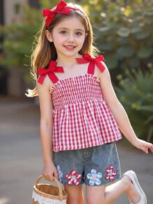 SHEIN Playful Pals 两件套：少女休闲甜美蝴蝶结吊带背心和花卉刺绣短裤，适合日常外出、公园游玩、家庭野餐、商场购物、生日派对、拍照、春夏穿着。 - 紅色 - 查看 4