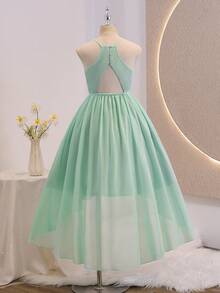 Tween Girls' Chiffon Halter Backless High-Low Formal Elegant Dress, Mint Green Summer Bridesmaid Wedding Guest Banquet Birthday Party Outfit - Green - View 1