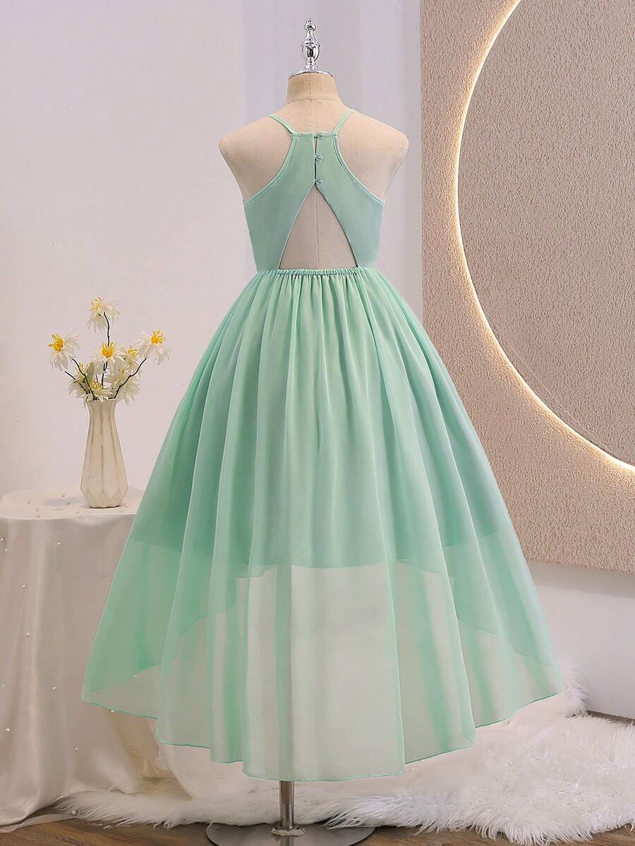 Tween Girls' Chiffon Halter Backless High-Low Formal Elegant Dress, Mint Green Summer Bridesmaid Wedding Guest Banquet Birthday Party Outfit - Green - View 1