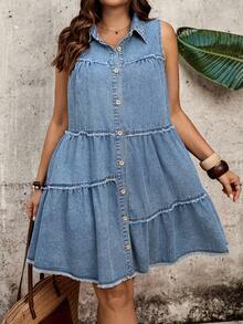 EMERY ROSE Mature Denim Đầm denim không tay dáng suông dành cho nữ cỡ lớn, cài khuy đơn, viền bèo nhún. - Màu xanh lam - Xem 5