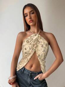Aloruh Women's Spring/Summer Vacation Beaded Embroidered 3D Floral Slit Tassel Hem Halter Backless Camisole,Summer Top - Apricot - View 6