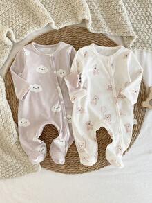 2 paquetes de mamelucos para bebés recién nacidos, con estampados lindos de nubes, estrellas y osos, de manga larga y con pies, suaves y cómodos - Multicolor - Ver 3