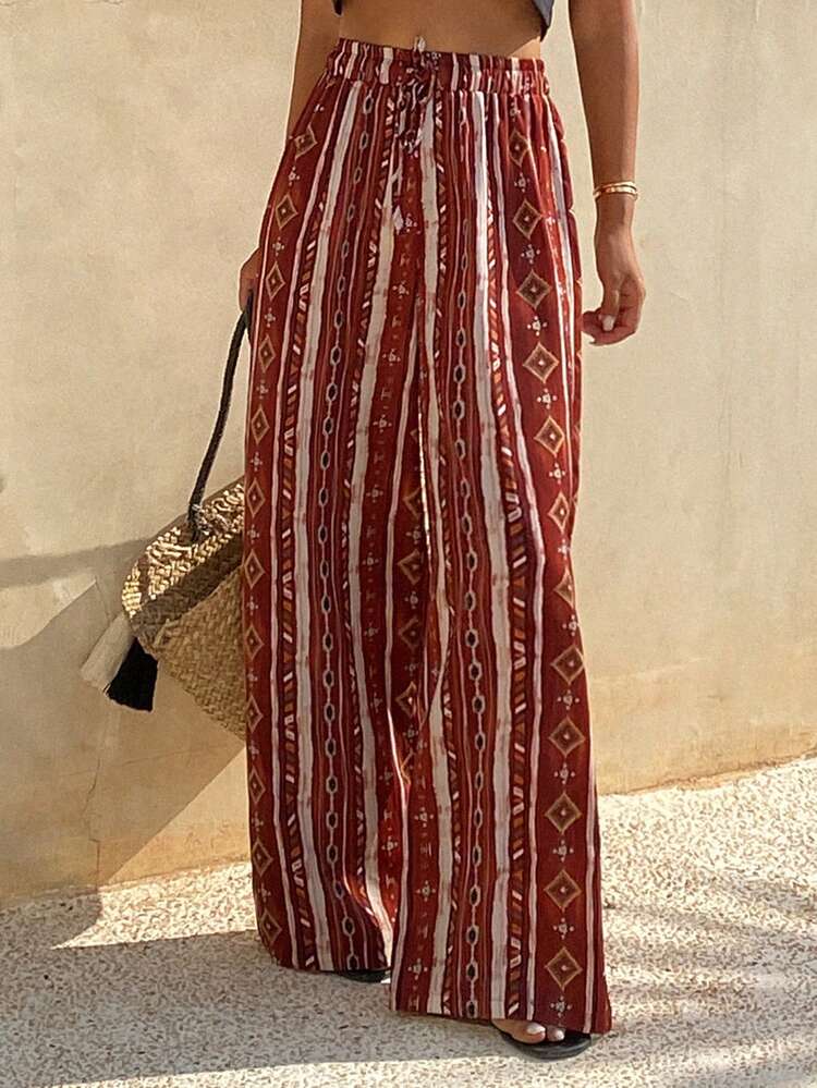 Women's Loose Elastic Waist Straight Leg Red Floral Print Pants
