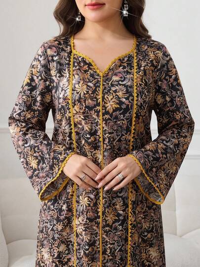Al Najma Plus Size Women's Elegant All-Over Print Flare Sleeve Arabic Style Dress, Autumn