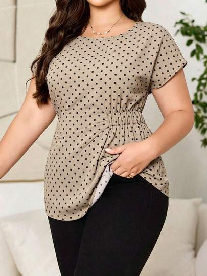 Reflora Plus Size Women Casual Polka Dot Print Short Sleeve Shirt