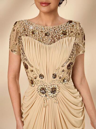 Serin Elegant Luxurious Beaded Lace Applique Patchwork Elastic Knit Mesh Ruched Sleeve Maxi Dress, Suitable For Weddings, Parties, Holidays, Bridal, Mother Of The Bride Formal Gowns (Heavy Embroidery)