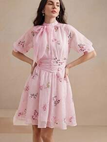 Anewsta Elegant French Style Sweet Bow Tie Waist Niche Design Dress For Women - Pink - View 5