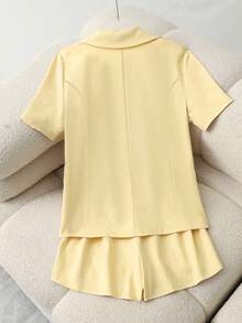 Franclia Bộ đồ 2 mảnh dành cho nữ cỡ lớn, kiểu dáng tối giản mới, màu vàng nhạt gồm áo cardigan tay ngắn và quần short rộng, thích hợp cho mùa xuân/hè. - Vàng nhạt - Xem 2