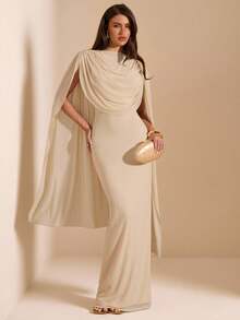 SHEIN BAE Summer Women's Elegant Beige Maxi Dress,Solid Color Apricot Ribbon Fitted Date Wedding Bridesmaid Prom Birthday Dining Party Dress,Summer - Apricot - View 3