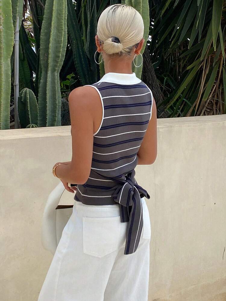 Contrast Stripe Polo Collar Sleeveless Embroidered Pattern Slim Casual Vacation Summer Lightweight Knit Top For Women Y2k