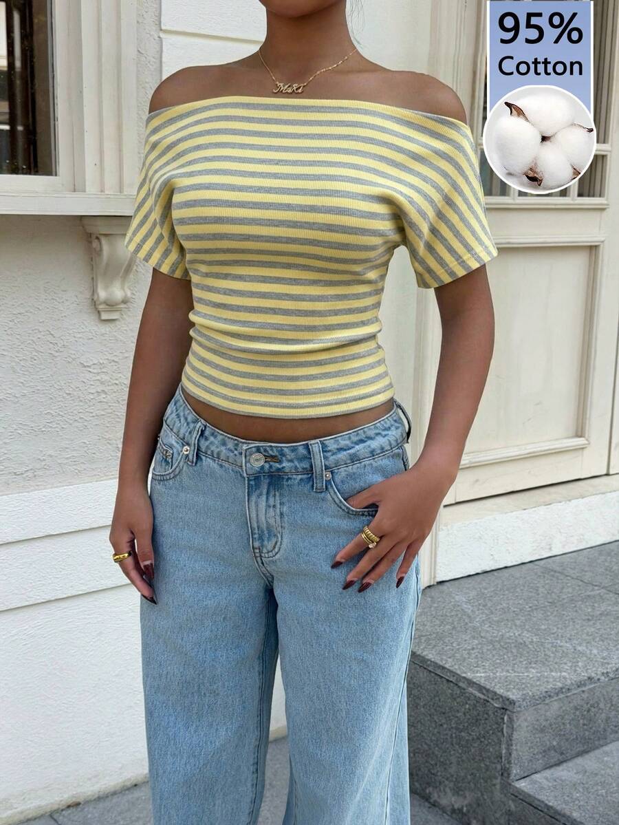 Muchica Lässiges, minimalistisches Damen T-Shirt aus Baumwolle mit gelb-grauen Streifen, geeignet für Frühling & Sommer, schmeichelhaft - Weiss - Übersicht 1