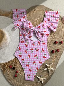 Swim Mod Women's Sweetheart Neck Plaid & Cherry Print One-Piece Swimsuit - Multicolor - View 3