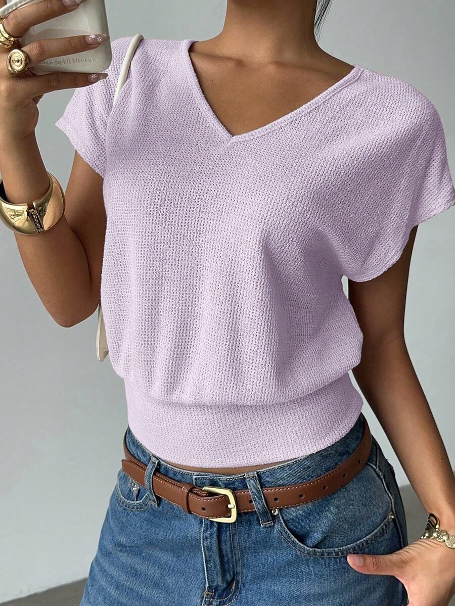 Siren Gaze Women's V-Neck Loose Short Sleeve Top, New Summer Design - Purple - View 1