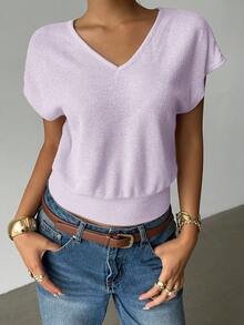 Siren Gaze Women's V-Neck Loose Short Sleeve Top, New Summer Design - Purple - View 5