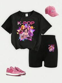 Young Girls' Casual Cartoon Print T-Shirt Set - Multicolor - View 4