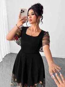 Elenzga Plus Size Women's Spring/Summer Mesh Patchwork Knit Fabric Square Collar Petal Sleeve A-Line Loose Casual Elegant Dress For Daily, Work, Vacation - Multicolor - View 6