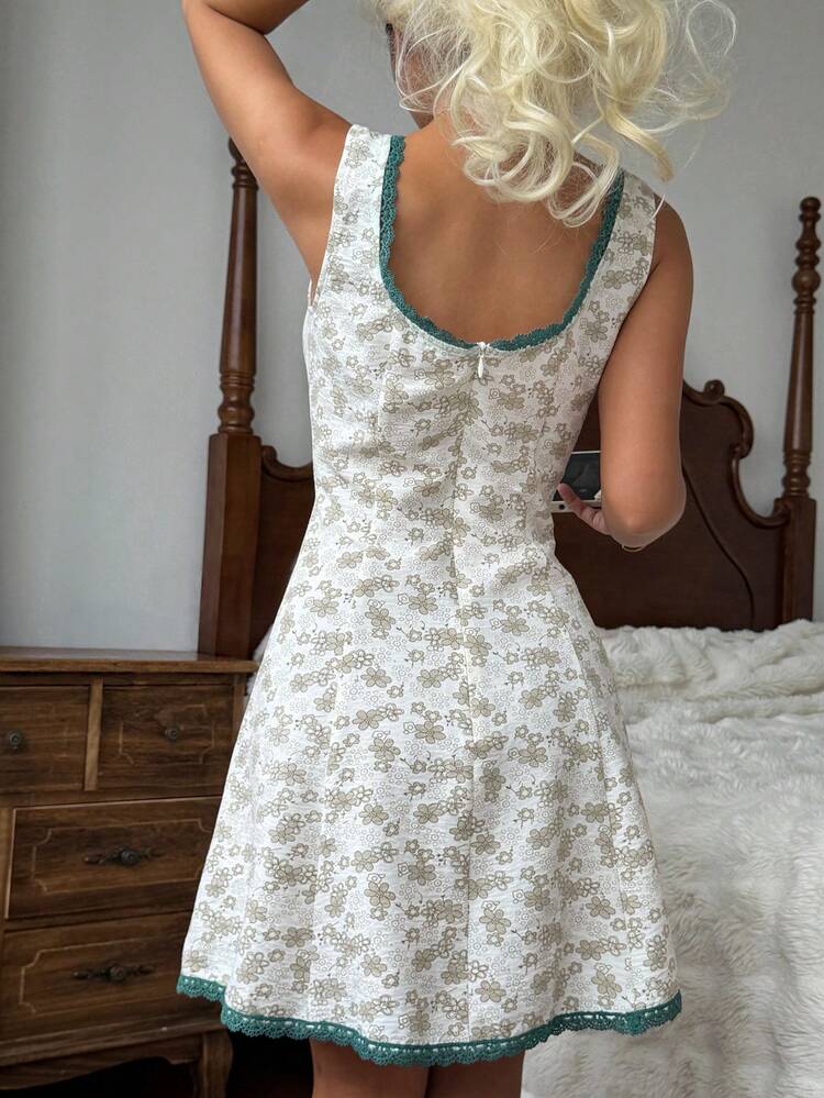 Colorblock Lace Patchwork Ditsy Floral Short Sleeveless Cinched Waist Dress, Summer Casual Sleepwear For Women
