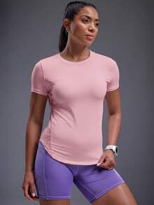 Powerista Solid Color Asymmetric Hem Round Neck Summer Short Sleeve Sports T-Shirt - Pink - View 5