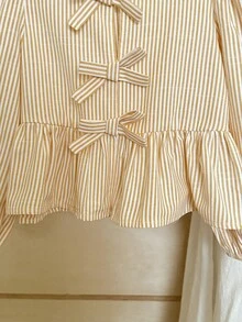 SHEIN LMoss Kids Young Girl Woven Striped Puff Sleeve Loose Casual Shirt - Yellow - View 6