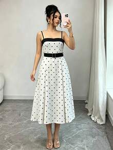 Franclia Đầm midi hai dây chấm bi đen trắng, dáng suông ôm eo, phong cách thanh lịch cho kỳ nghỉ hè. - Đen và trắng - Xem 3