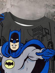 BATMAN X SHEIN 85th Young Boy Cartoon Figure Graphic Casual Matching Short Sleeve T-Shirt And Loose Black Shorts Set Boys Short Tshirt Set - Dark Grey - View 5