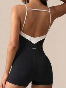 SHEIN BAE Bộ jumpsuit mùa hè thời trang ôm sát, phối viền tương phản - Đen và trắng - Xem 1