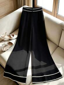 SHEIN Holidaya Quần màu be với viền lượn sóng màu đen, quần ống rộng cạp cao kiểu vintage dành cho người đi làm, trang phục đa năng mặc hàng ngày. - màu đen - Xem 2