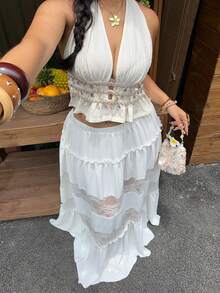 Sunnyshic Plus Size Women's Beach Vacation French Sexy Boho Contrast Lace Skirt White Summer - White - View 6