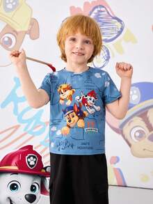 SHEIN | PAW Patrol Áo thun ngắn tay in chữ hoạt hình ngộ nghĩnh, phong cách thường ngày, thời trang cho bé trai, thích hợp mặc đi làm hàng ngày, mùa hè. - Màu xanh lá cây đậm - Xem 4