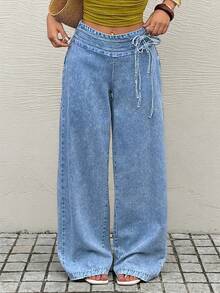 Rivivi Jeans de pierna ancha con lavado y amarre a la cintura de moda - Lavado ligero - Ver 5