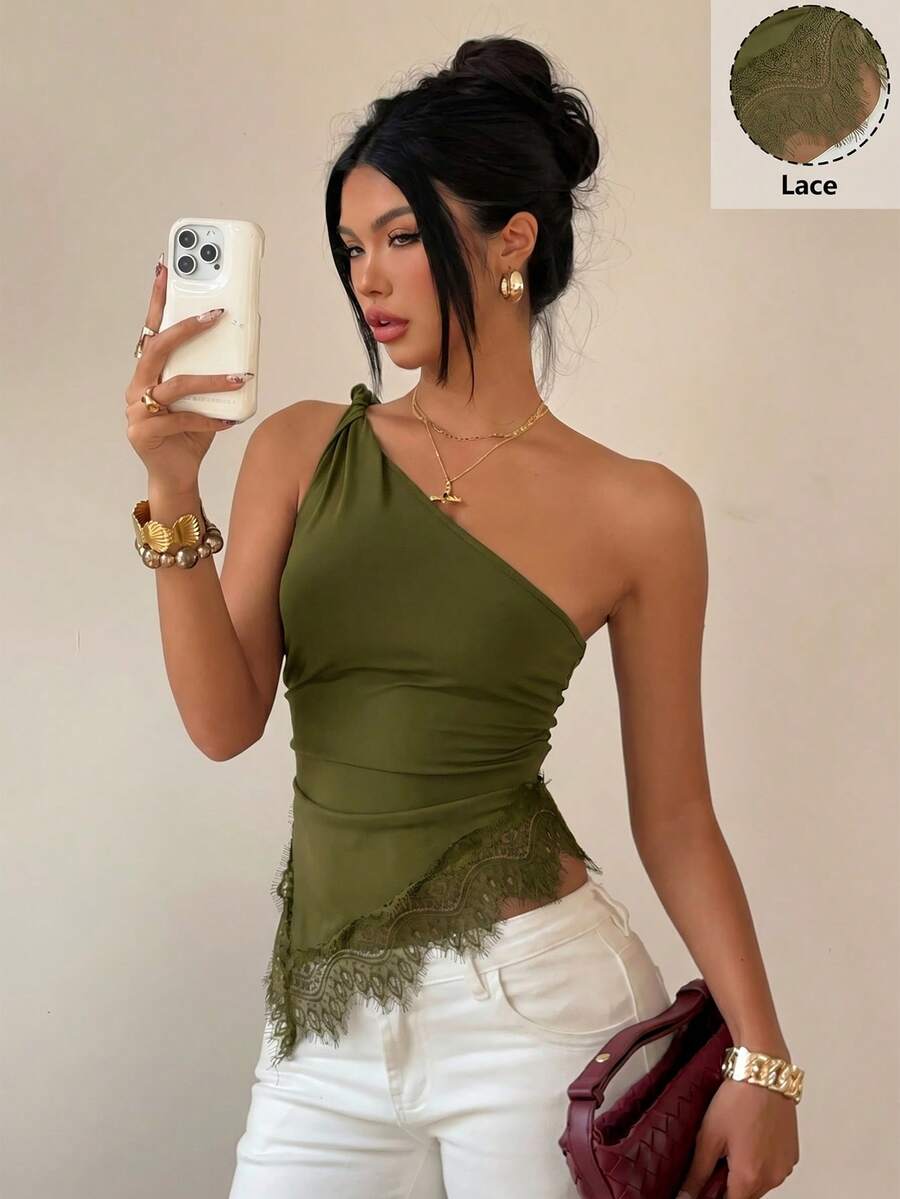 Siren Gaze Áo kiểu lệch vai thắt nút ren phối nhiều mảnh, áo blouse nữ ôm dáng thanh lịch, áo crop top mùa hè năng động, hở vai, hở lưng, thích hợp cho tiệc tùng, lễ hội âm nhạc. - Màu xanh Ô liu - Xem 1