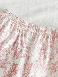 Young Girl' White Pink Line Rabbit Floral Pattern Ruffle Collar Short Sleeve Pants Casual Cute Comfortable 2 Pieces Pajama Set Sleep Summer - Red - View 6