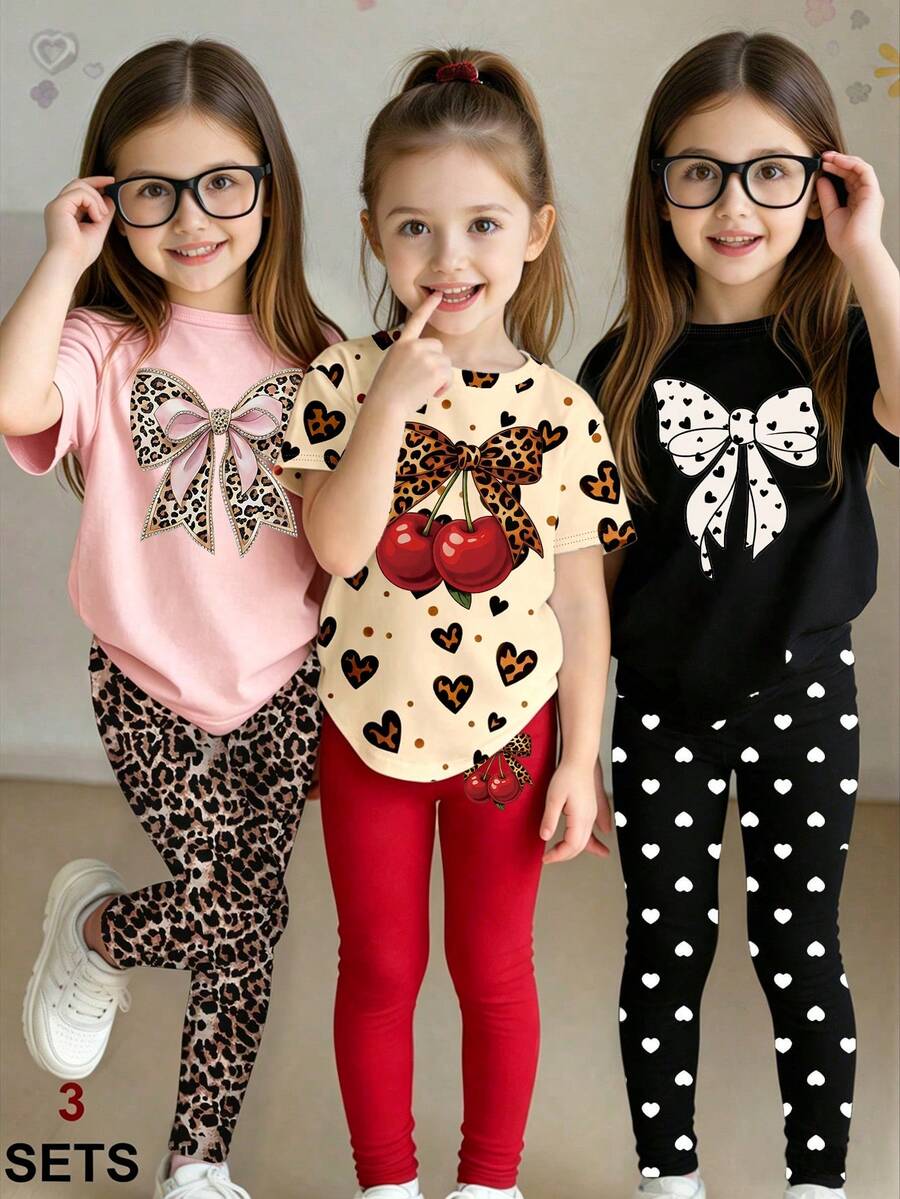 Elladie kids 6件套女童休闲时尚创意豹纹、爱心、樱桃、黑色爱心、蝴蝶结印花短袖T恤和打底裤套装,舒适日常穿着,适合春、夏、秋季。 - 彩色 - 查看 1