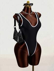 Swim SXY 1pc Women's Sexy Solid Color Deep V-Neck Backless High-Cut One-Piece Swimsuit - Black - View 5