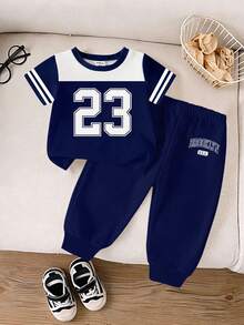2pcs/Set Baby Boy Casual Sports Style Brooklyn 23 Colorblock Round Neck Short Sleeve T-Shirt And Pants Outfit, Spring To Summer - Multicolor - View 6