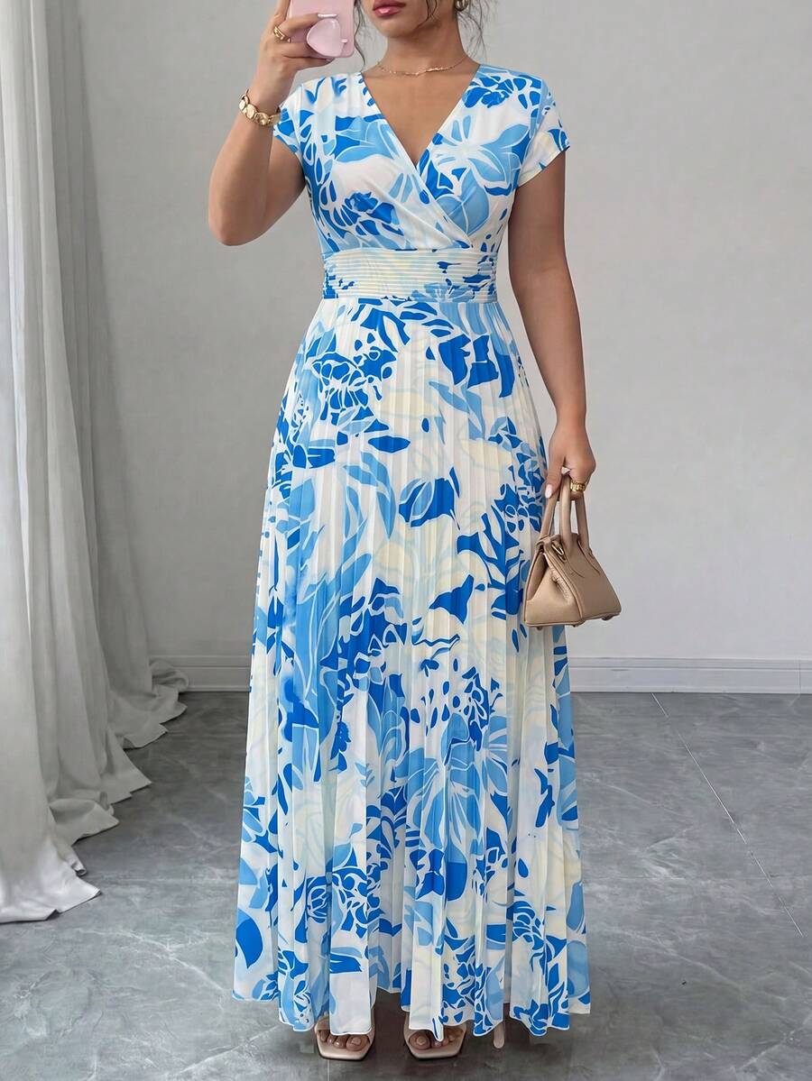 Elenzga Plus Size Women's Elegant Floral V-Neck Short Sleeve Flowing Dress, Spring/Summer - Blue - View 1