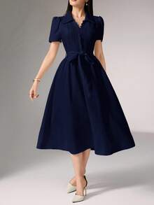 Heiryn Gaun Mini Wanita Elegan dengan Lengan Kelopak Renda Kontras dan Sabuk, Musim Panas - Navy Blue - View 3