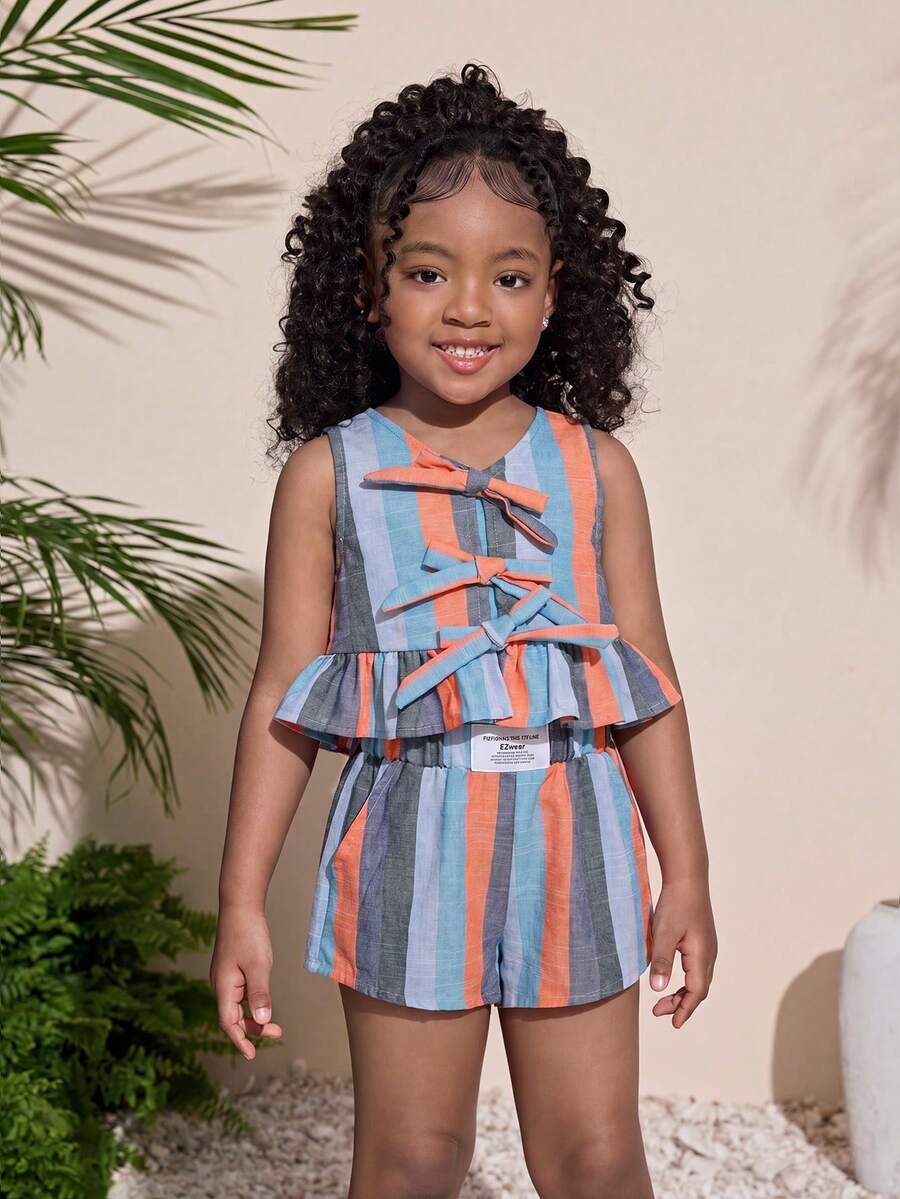 Young Girls' Rainbow Squishy Camisole 2 Pieces Set,Summer,Matching,Family Vacation,Holiday,Casual Fashionable Versatile For Party,Photoshoot,Camping - Multicolor - View 1