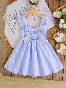 Đầm chữ A kẻ sọc xanh trắng dễ thương cho bé gái, kiểu dáng thường ngày, thích hợp đi nghỉ mát, chất liệu móc len, họa tiết hoa nhiều màu sắc và nơ phía sau. - Màu xanh lam - Xem 6